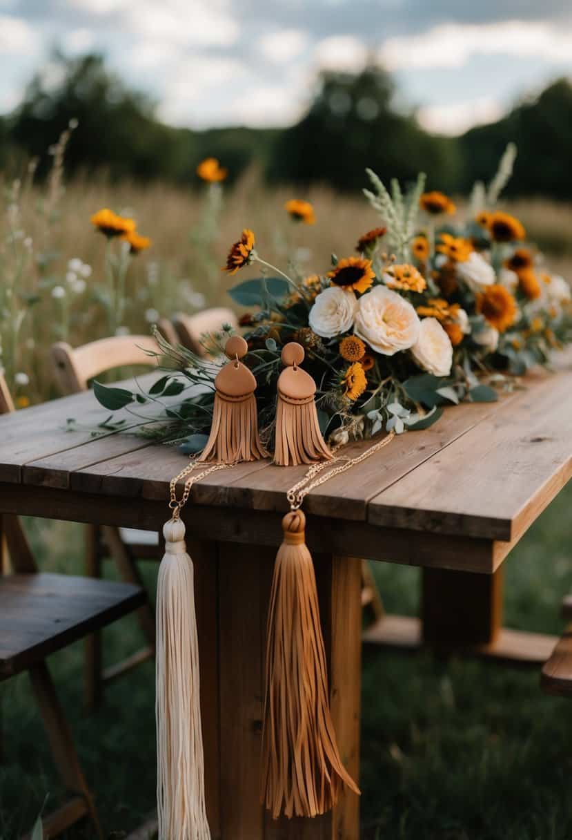 A rustic outdoor wedding setting with a wooden table adorned with bohemian-inspired clay tassel drop earrings in earthy tones, surrounded by wildflowers and greenery