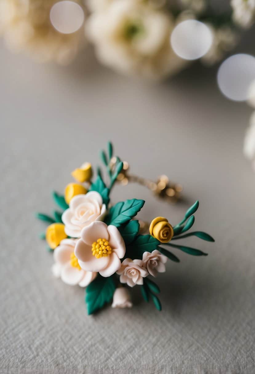 A delicate bouquet of clay flowers adorns a pair of wedding earrings, inspired by botanical blooms