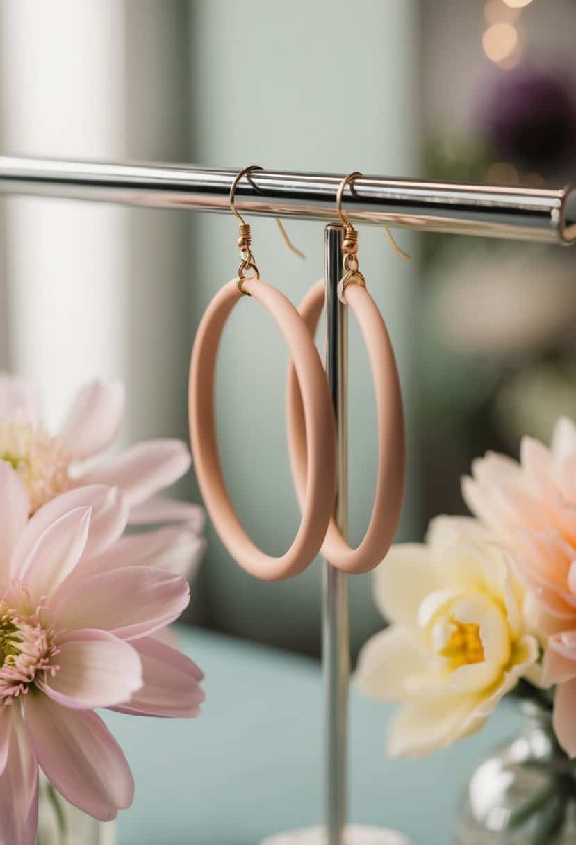 A delicate pair of clay hoop earrings suspended from a display stand, surrounded by pastel-colored flowers and soft lighting