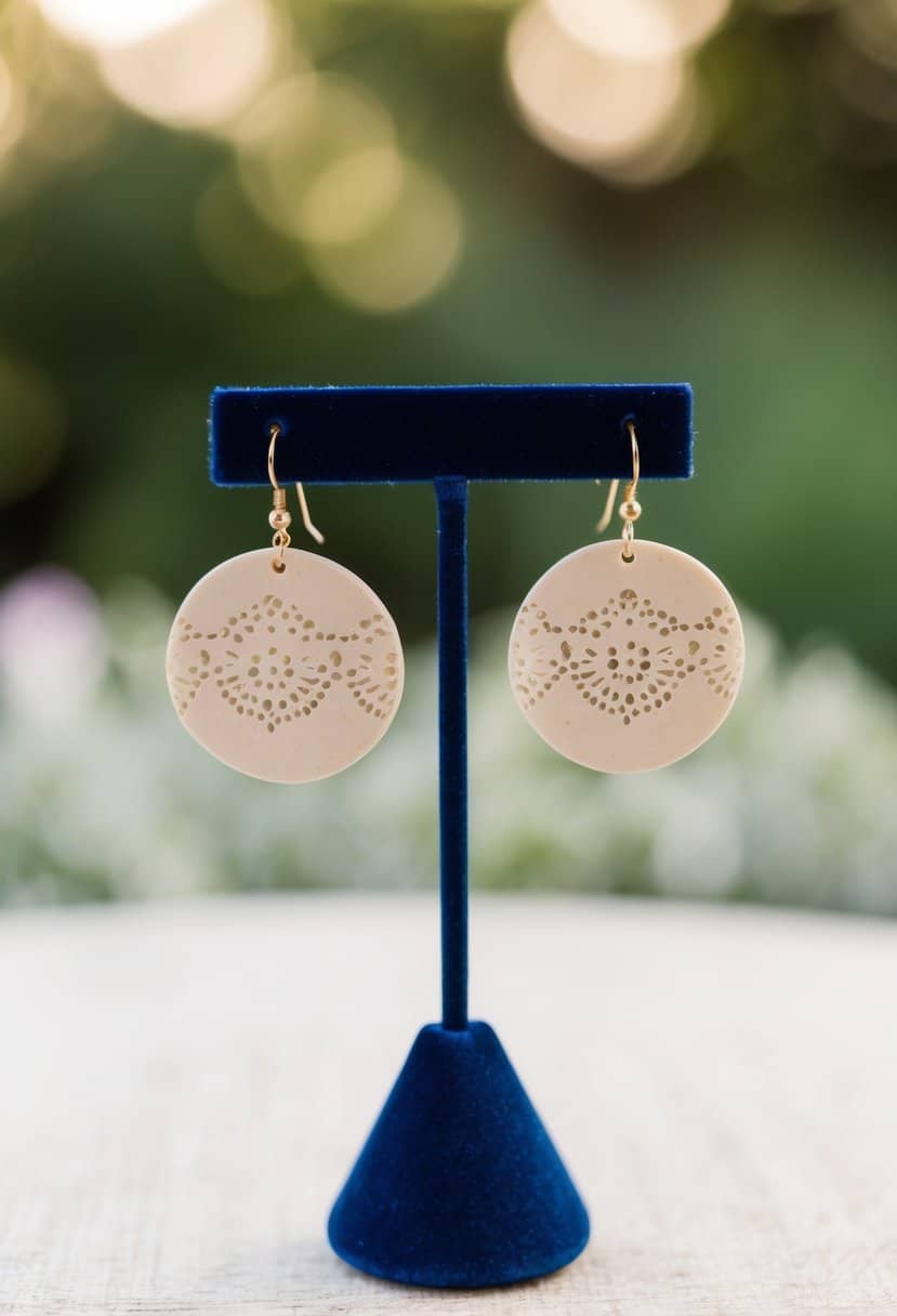 A delicate pair of clay wedding earrings with vintage lace impressions, displayed on a velvet jewelry stand under soft natural light