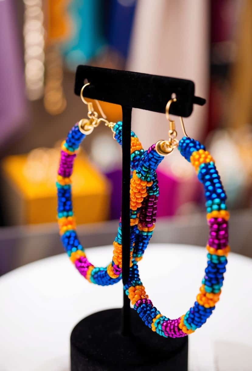 A pair of beaded hoop earrings, featuring vibrant colors and intricate designs, hanging from a display stand