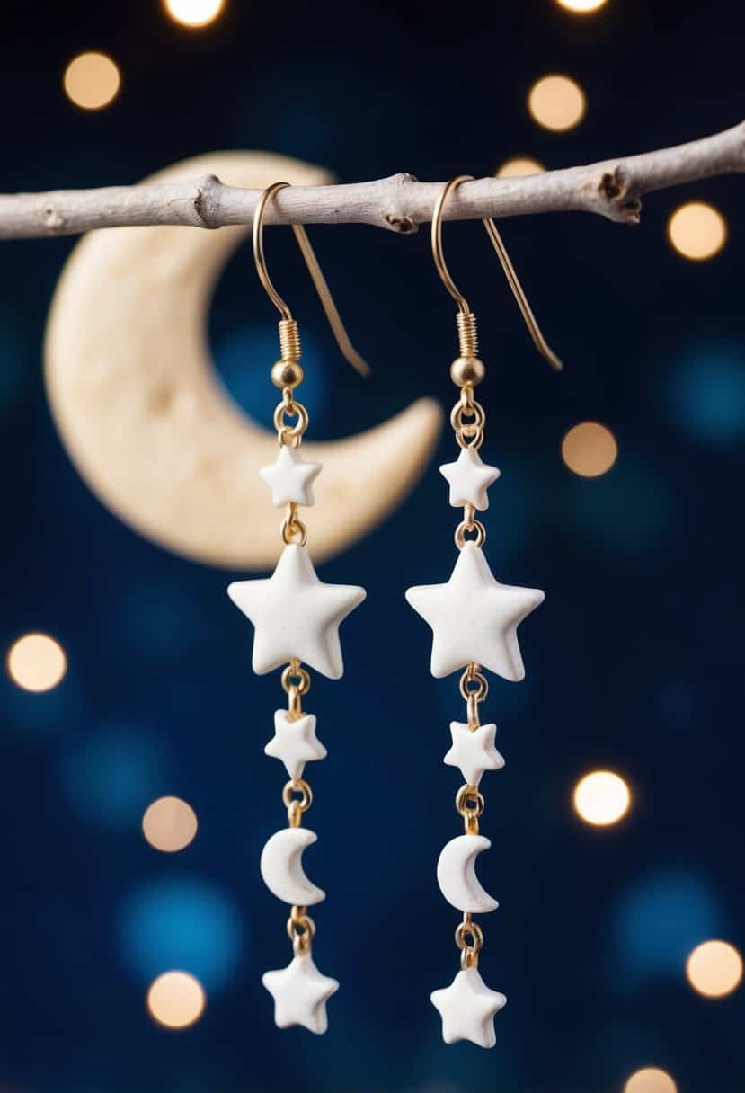 A pair of clay wedding earrings with celestial charm, featuring delicate stars and moons, suspended from elegant hooks, set against a backdrop of twinkling stars and a crescent moon