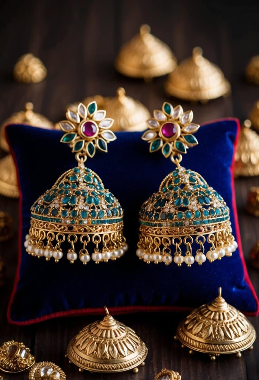 A pair of intricate ethnic jhumka earrings displayed on a velvet cushion, surrounded by traditional wedding motifs