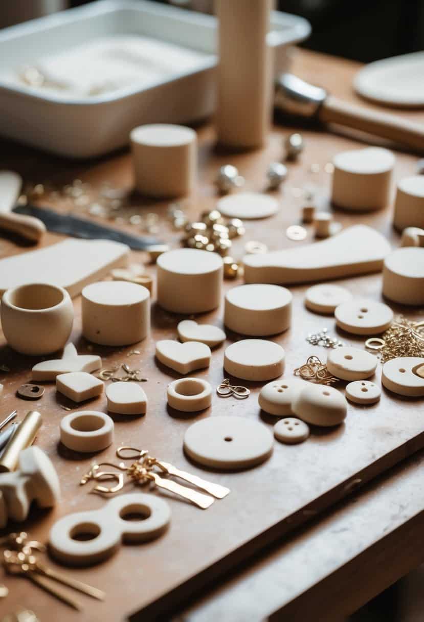 A table scattered with clay cutouts, tools, and earring findings