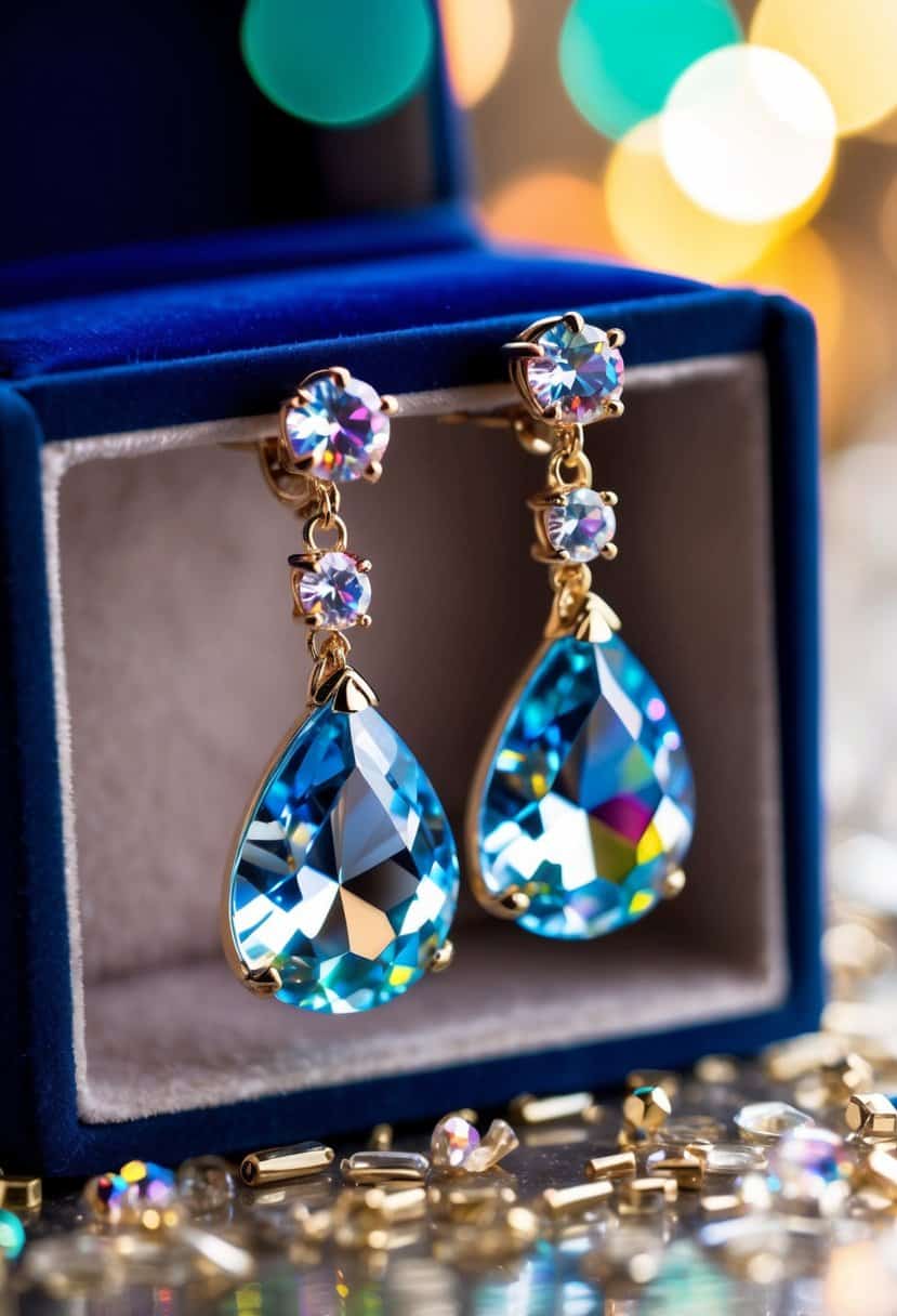 A pair of Swarovski crystal drop earrings dangle from a velvet jewelry box, catching the light and casting colorful reflections