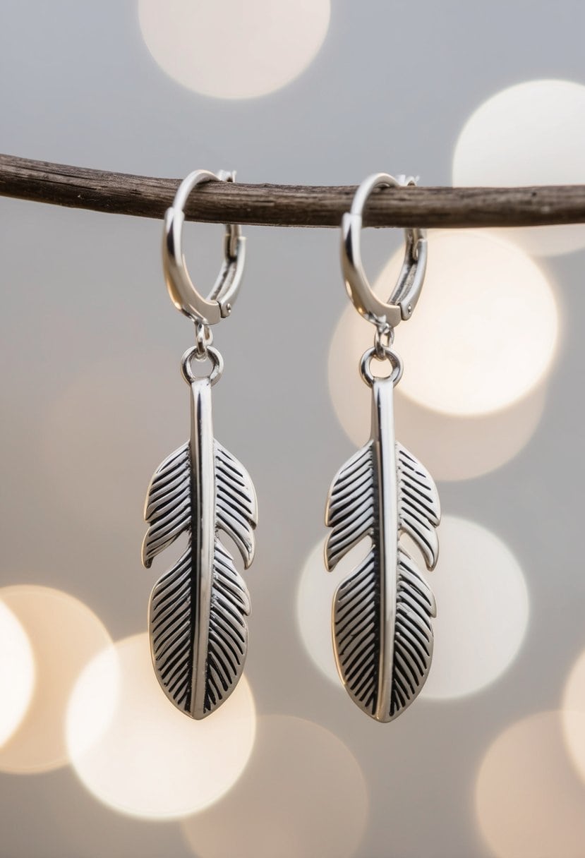 A pair of delicate feather charm drop earrings dangle from two small holes, suggesting wedding earring ideas