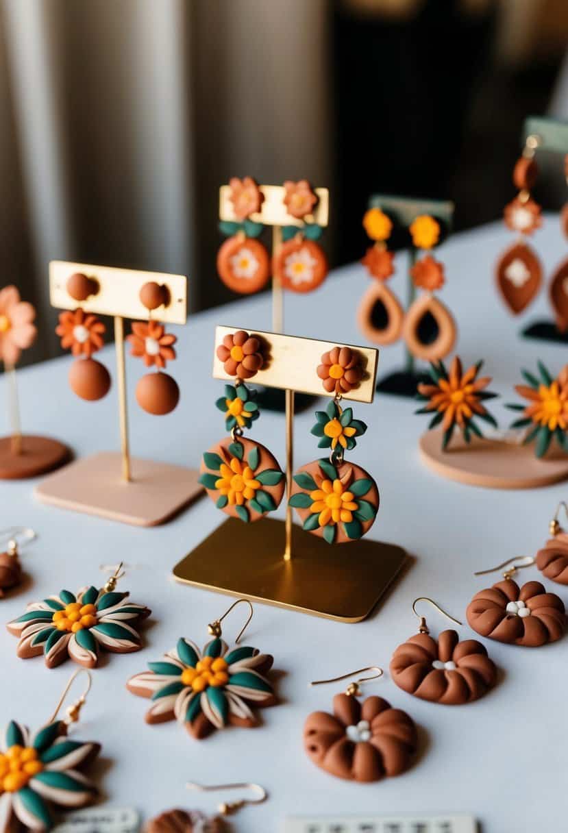 A table with various clay floral dangle earrings arranged in an artistic display