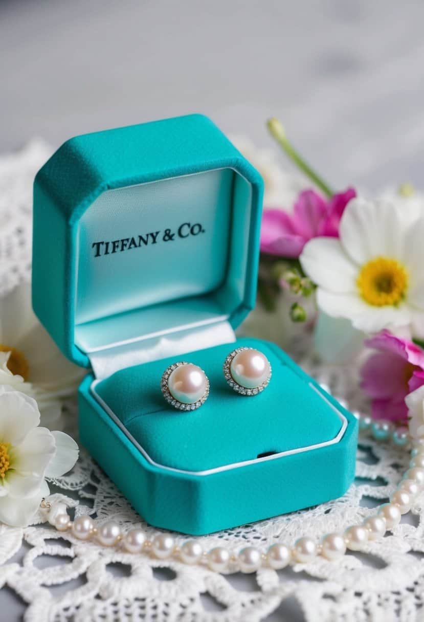 Pearl studs in a Tiffany & Co. jewelry box, surrounded by delicate lace and floral accents