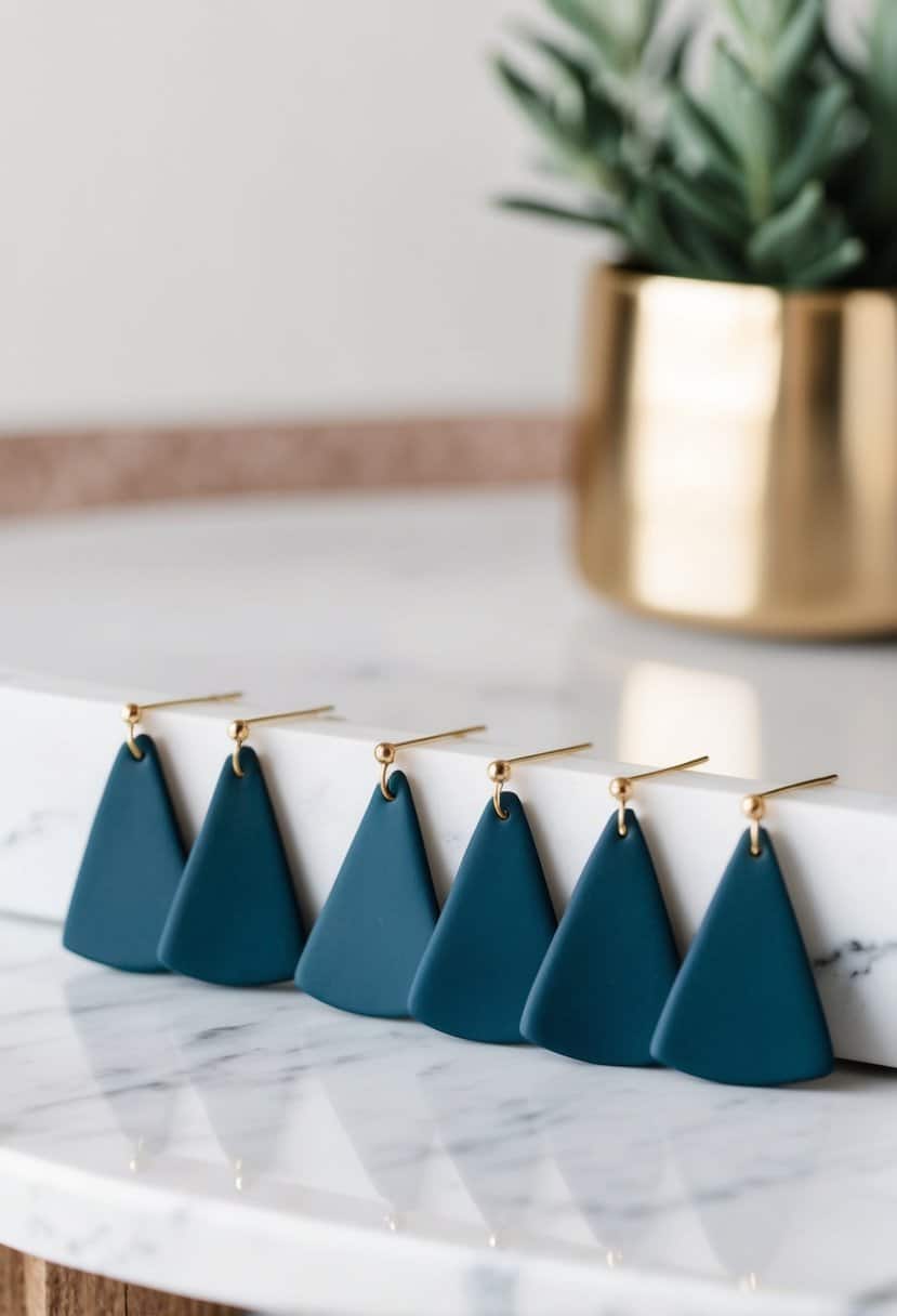 A white marble surface with three pairs of simple geometric clay earrings displayed in a row