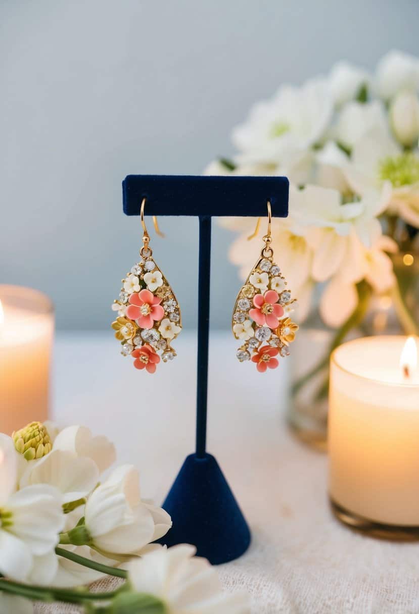 A pair of Kate Spade New York Floral Drops earrings displayed on a velvet jewelry stand, surrounded by delicate white flowers and soft candlelight