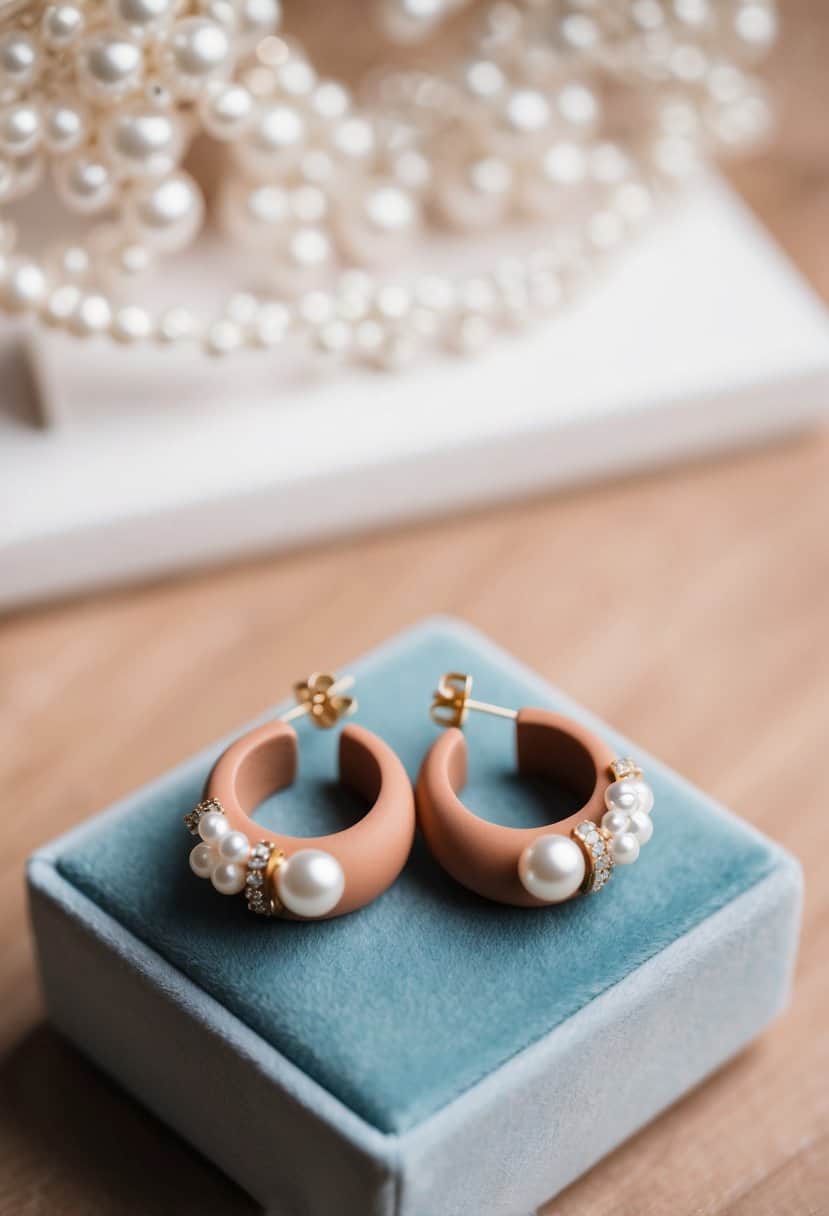 A delicate pair of clay wedding earrings with pearl accents, resting on a velvet jewelry display