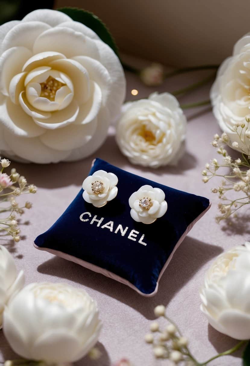 A pair of Chanel Camellia Earrings displayed on a velvet cushion, surrounded by soft lighting and delicate floral accents