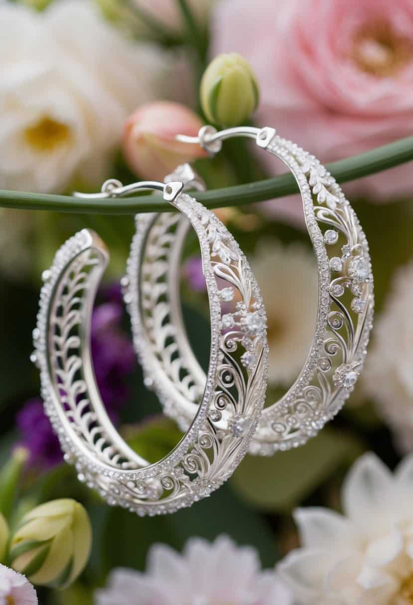 A luxurious wedding earring design featuring intricate filigree hoops, surrounded by delicate floral motifs and shimmering with elegance