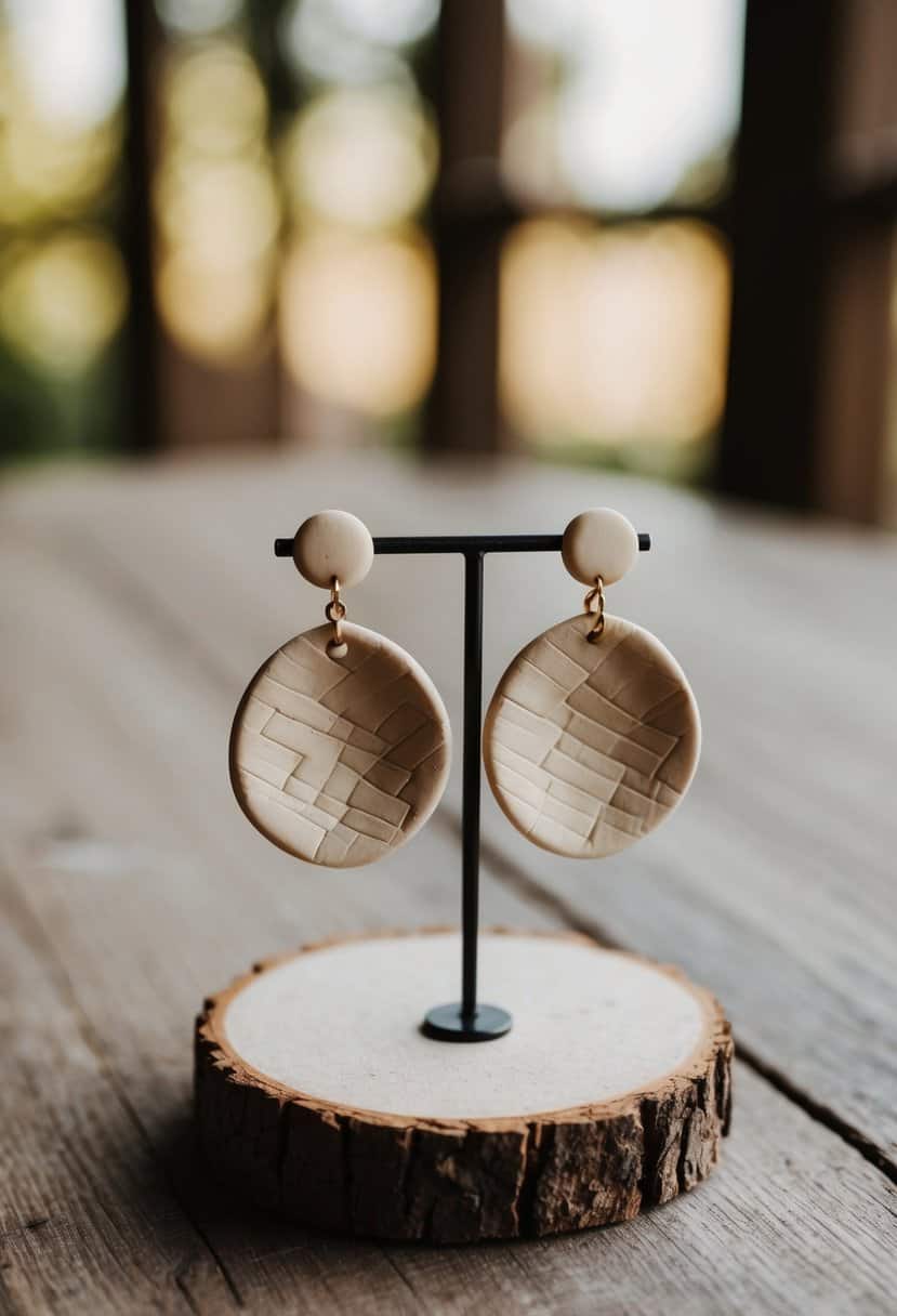 A pair of textured surface clay wedding earrings displayed on a rustic wooden table with soft natural lighting