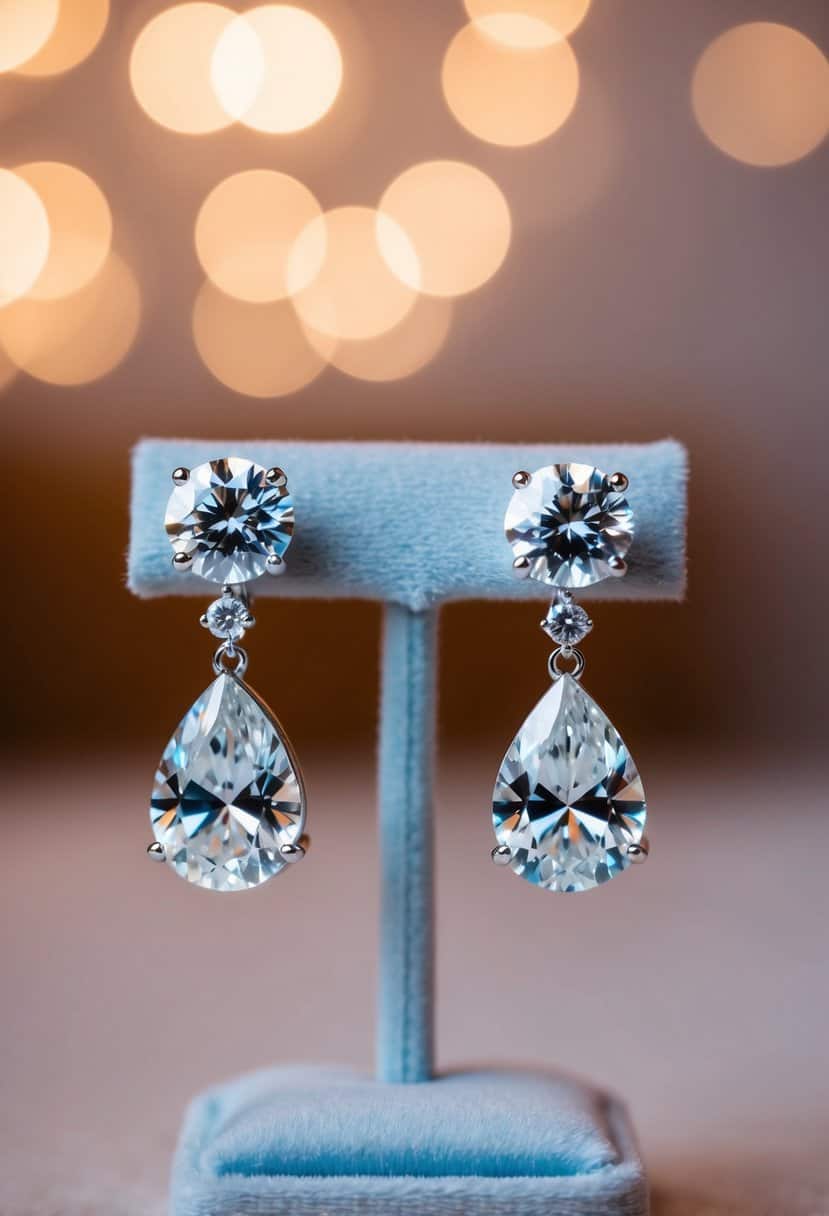 Two sparkling diamond teardrop earrings displayed on a velvet cushion with soft lighting