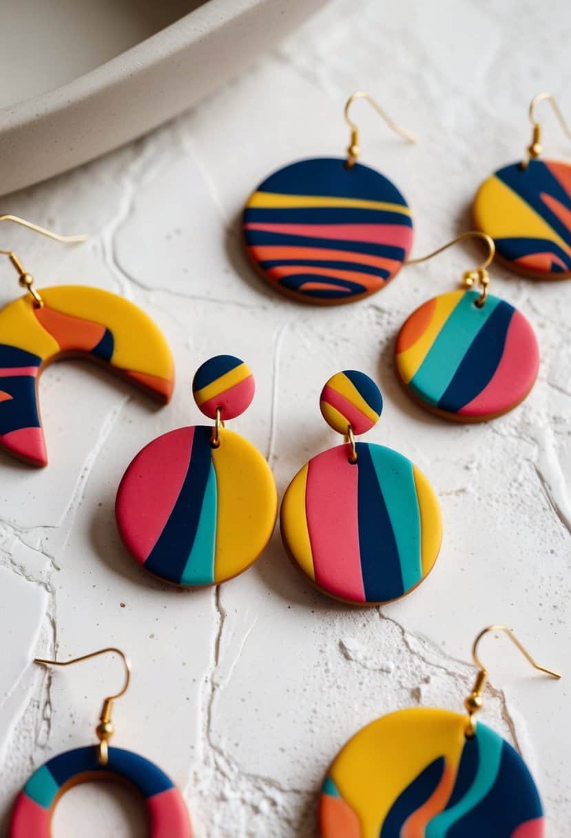 Colorful clay earrings in abstract patterns displayed on a white, textured surface