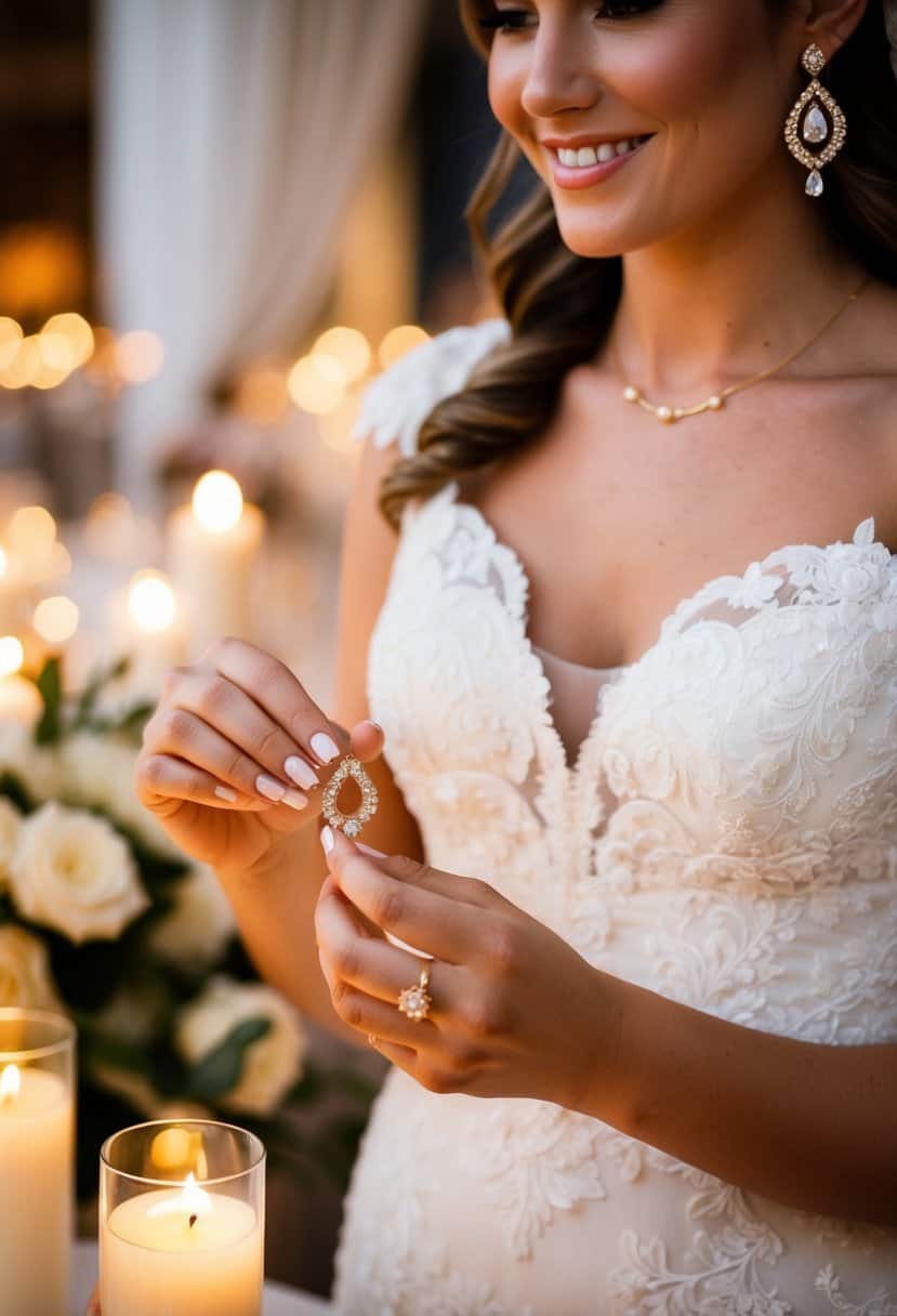 A bride delicately holds a pair of Kendra Scott Elle Gold Earrings, reflecting the soft glow of candlelight at a romantic wedding reception