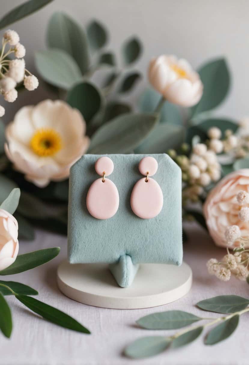 A delicate pair of pastel clay earrings displayed on a velvet cushion, surrounded by soft, muted flowers and foliage