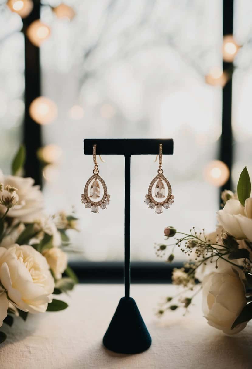 A bride's elegant wedding earrings displayed on a velvet jewelry stand, surrounded by soft lighting and delicate floral accents