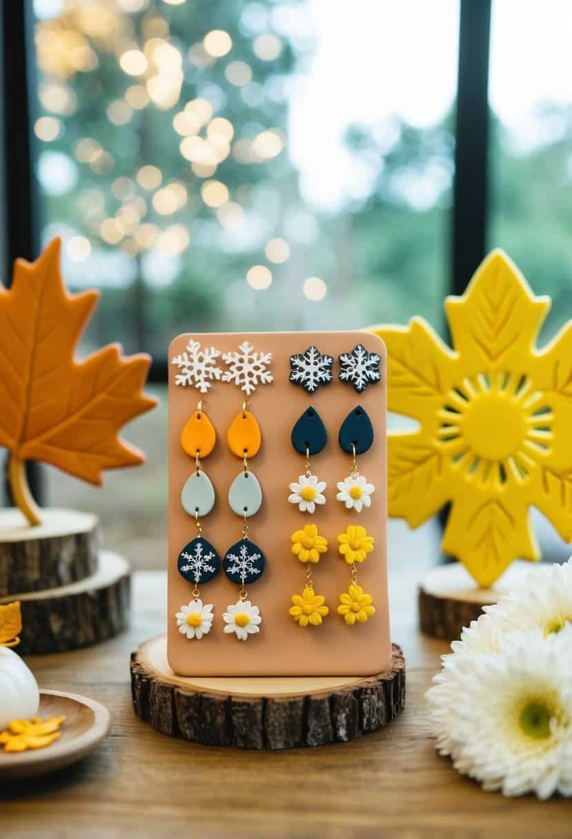 A clay wedding earring display with seasonal themes: autumn leaves, winter snowflakes, spring flowers, and summer sun