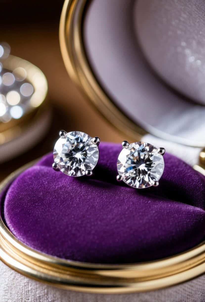 A pair of classic solitaire diamond earrings displayed on a velvet cushion, catching the light and sparkling in a luxurious setting