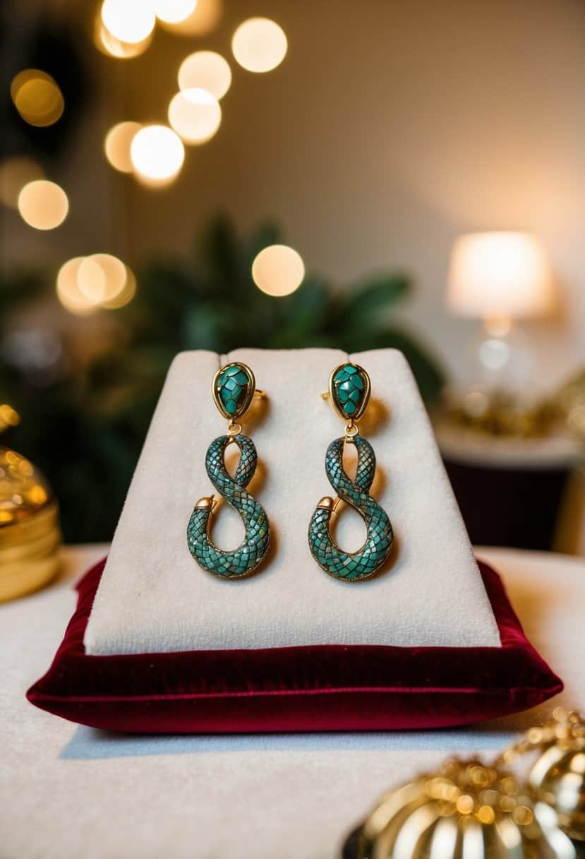 A pair of Bulgari Serpenti Earrings displayed on a velvet cushion, surrounded by soft lighting and luxurious decor