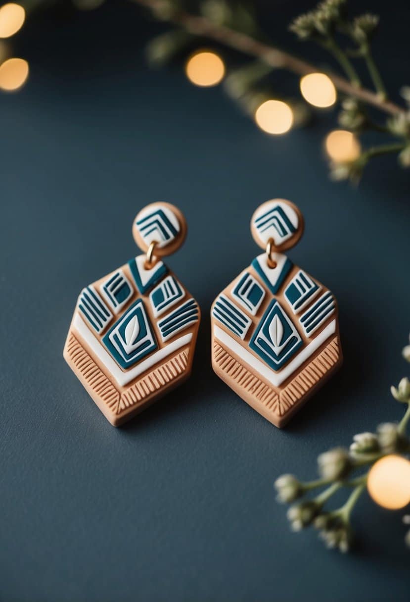 A pair of Art Deco-inspired clay wedding earrings, featuring geometric motifs and intricate patterns in a sophisticated color palette