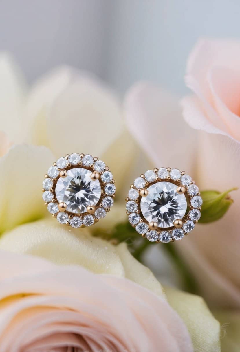 A close-up of vintage-inspired halo earrings with sparkling diamonds, set against a soft, romantic background