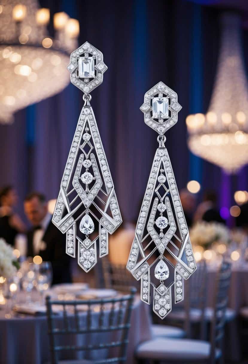 A pair of Art Deco drop earrings featuring intricate geometric patterns and sparkling diamonds, set against a backdrop of a glamorous wedding reception