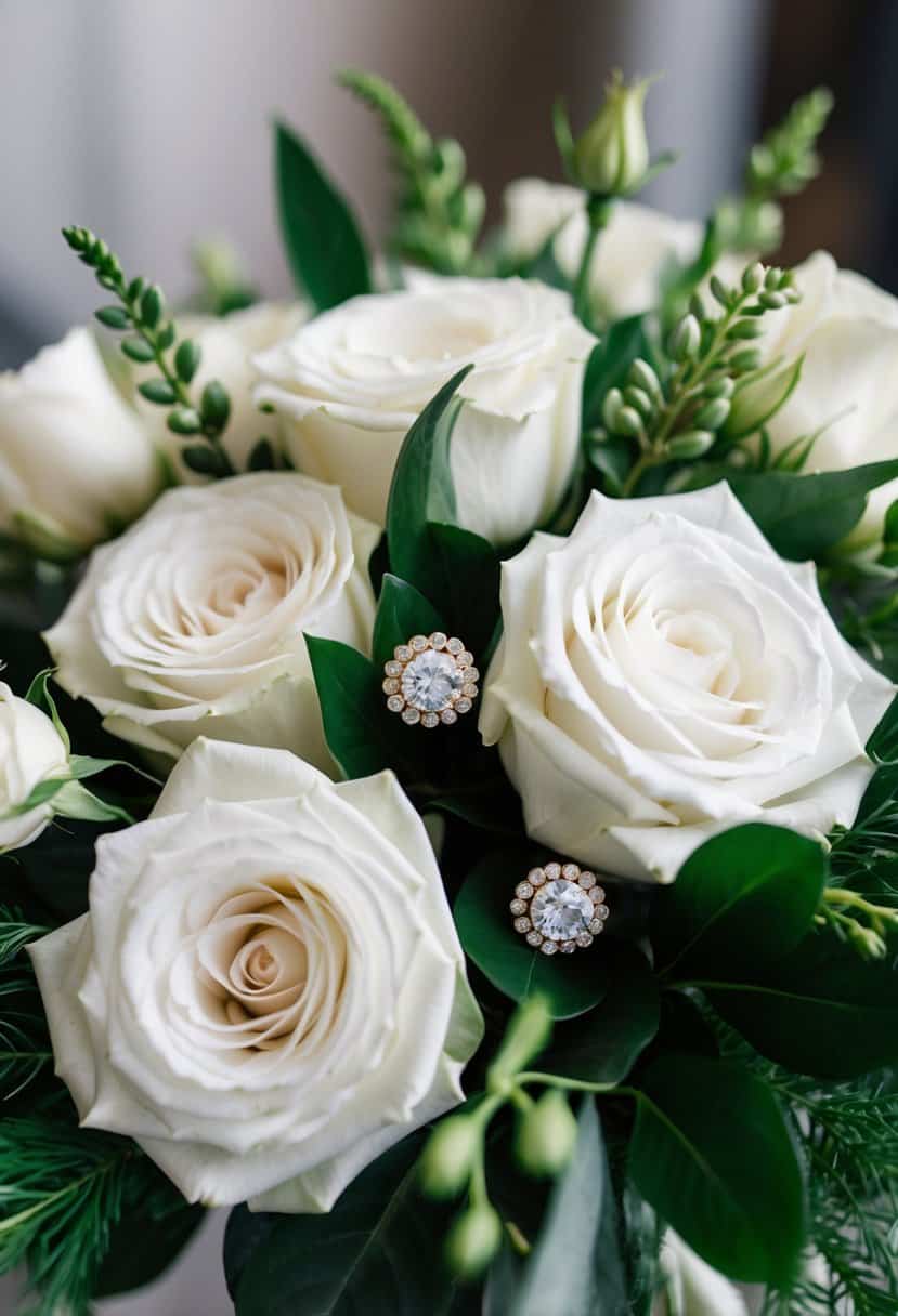 A luxurious bridal bouquet of white roses and greenery with delicate Gorjana Amara Studs nestled among the flowers