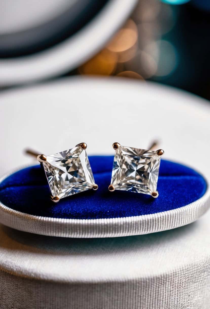 Two sparkling princess cut diamond studs displayed on a velvet cushion against a white background