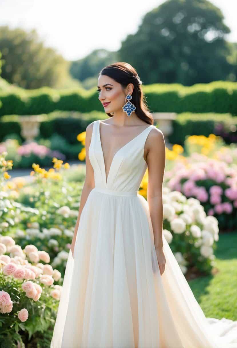 A bride wearing a flowing gown stands in a garden, surrounded by blooming flowers and a beautiful Alhambra earring dangling from her ear