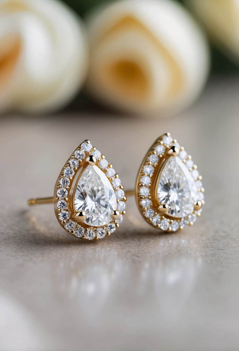 A pair of pear-shaped halo earrings glimmering under soft lighting, showcasing intricate diamond details, perfect for a wedding