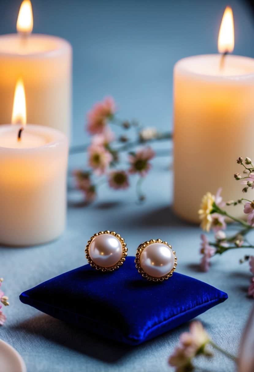 A pair of Lagos Luna Pearl Earrings placed on a velvet cushion, surrounded by soft candlelight and delicate floral arrangements