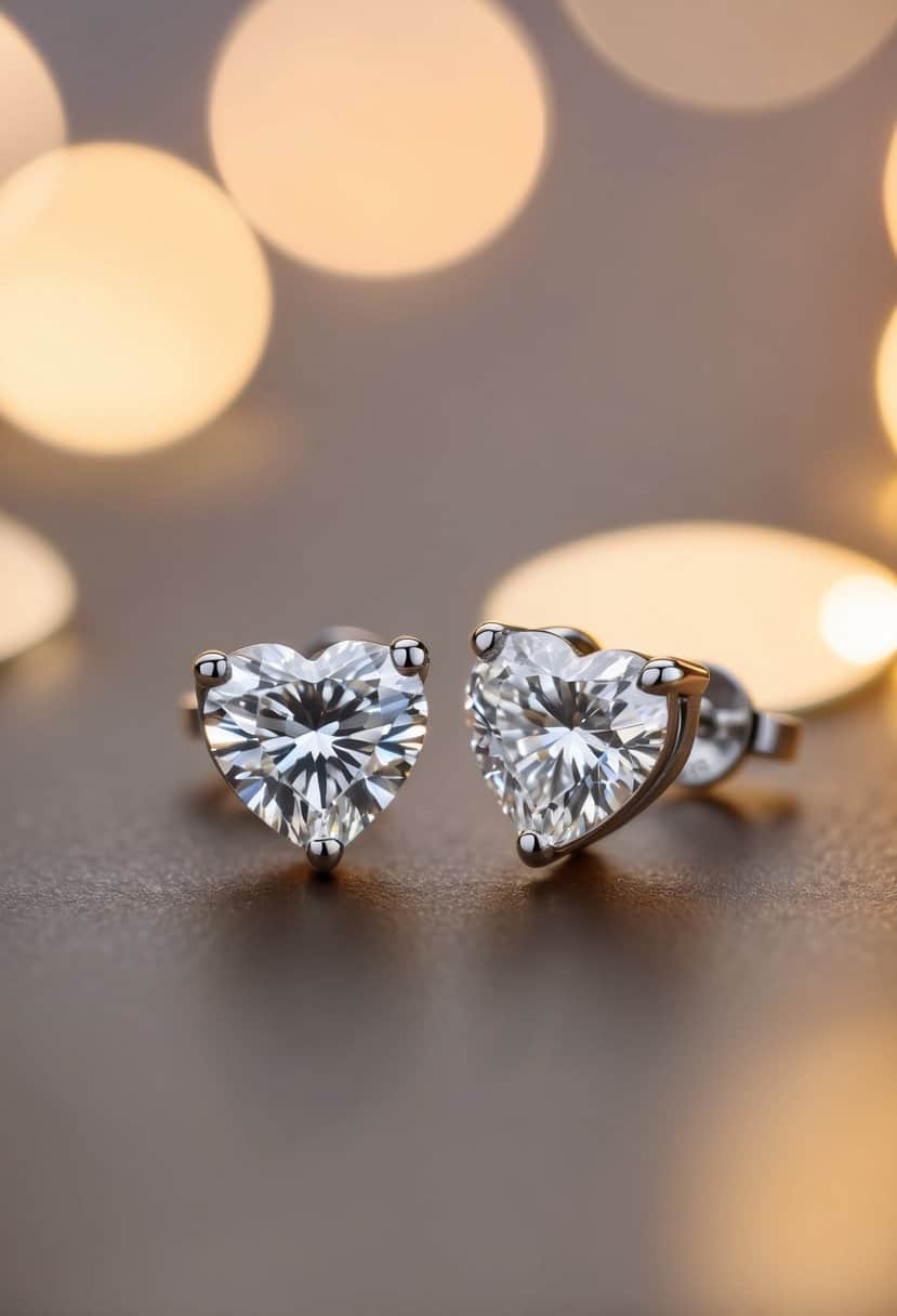 A pair of heart-shaped diamond studs, set in a delicate silver setting, glisten under soft, warm lighting, evoking a sense of romance and elegance