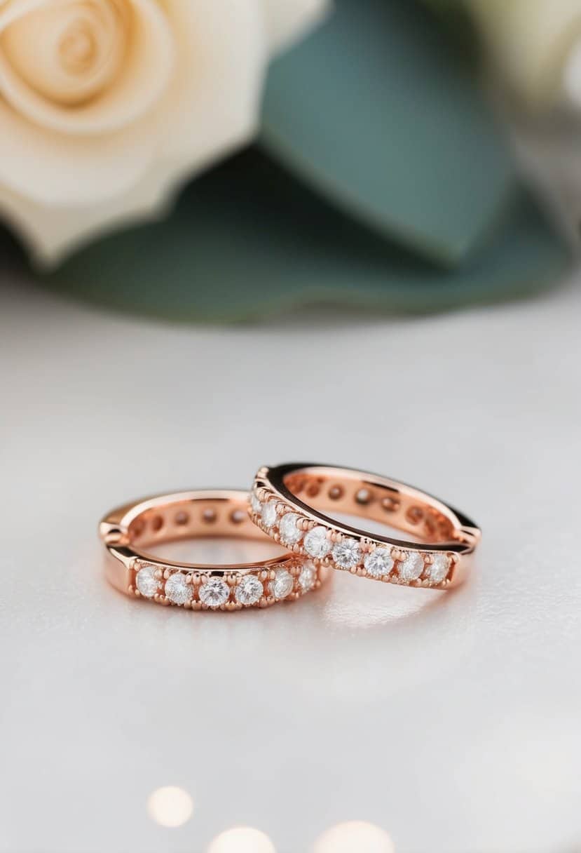 A pair of rose gold diamond huggie earrings, featuring delicate diamond details, shimmering in the soft light of a wedding ceremony