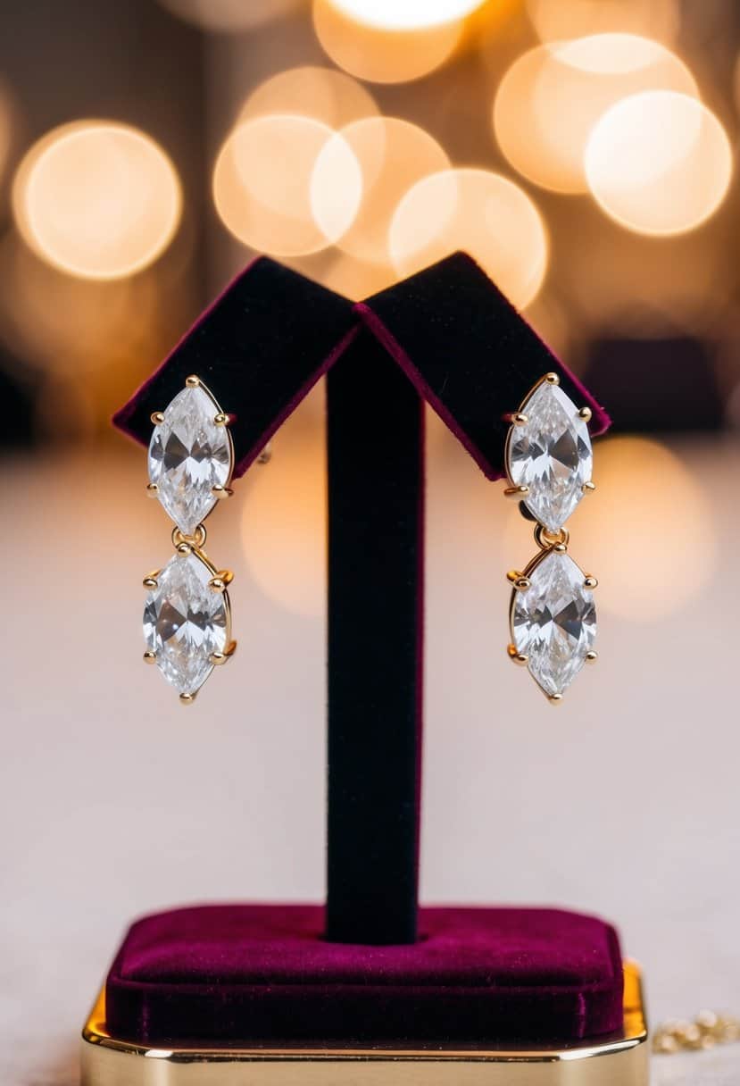 A pair of Marquise 3-Stone Earrings displayed on a velvet jewelry stand under soft, warm lighting