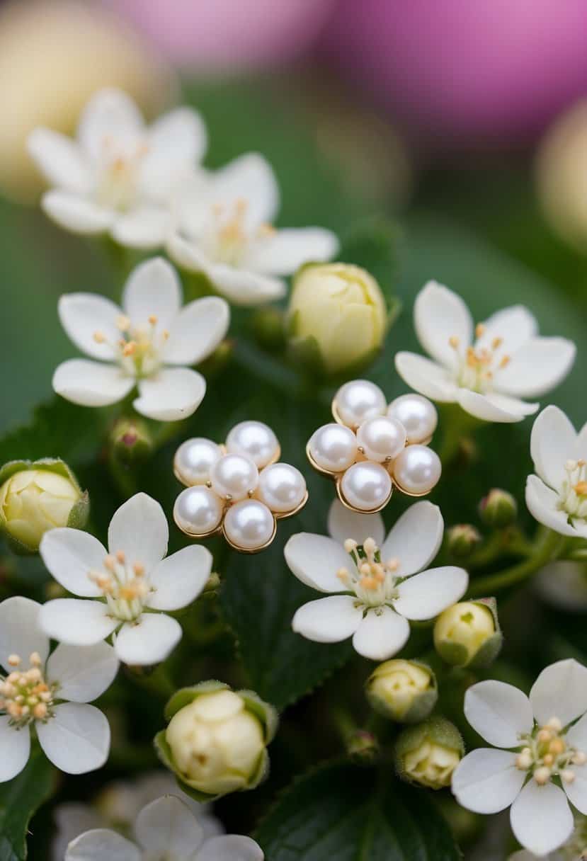 A delicate pair of pearl blossom studs nestled among a cluster of blooming flowers, evoking a romantic and elegant wedding earring idea