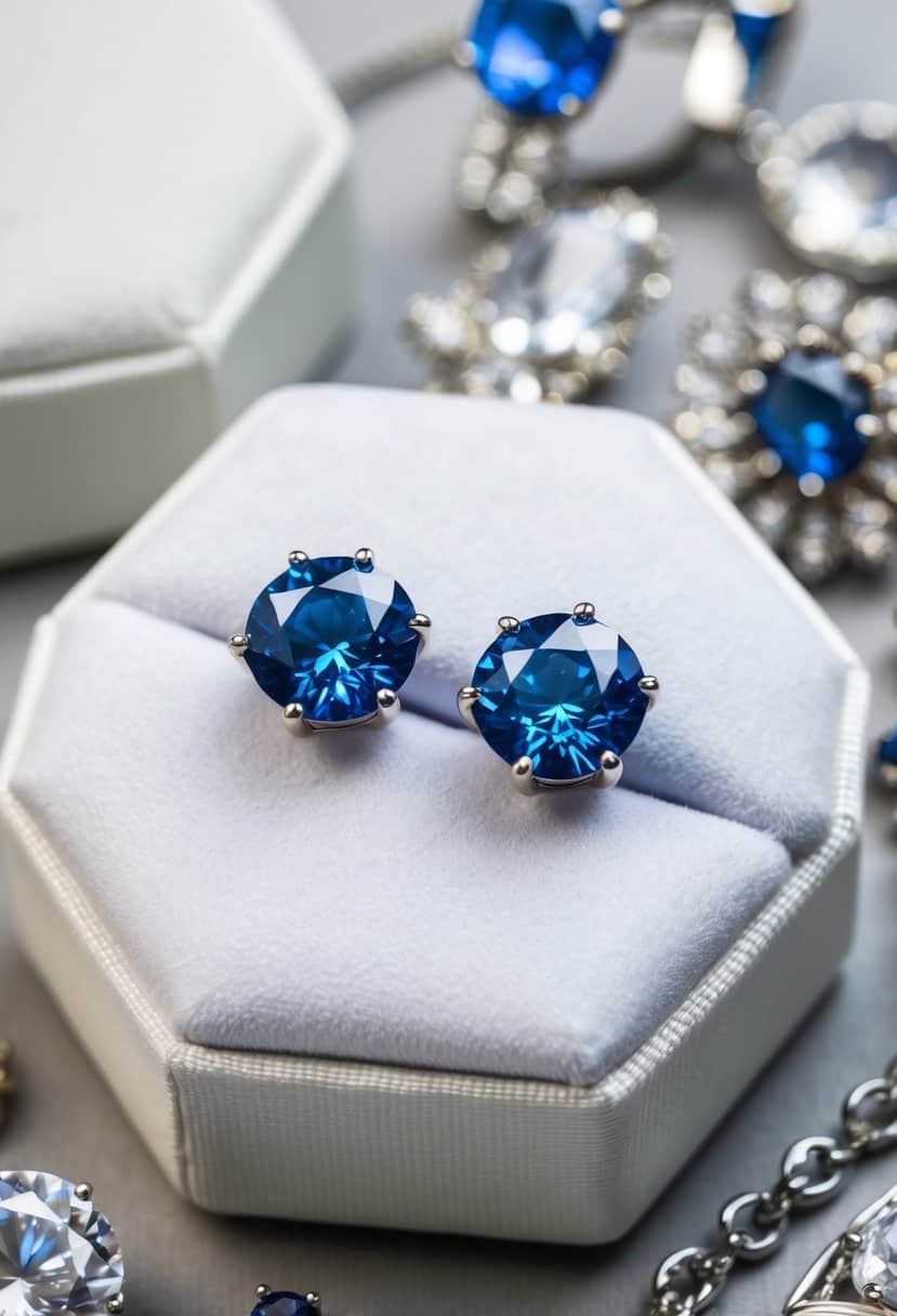 A pair of blue diamond accent studs displayed on a white velvet cushion with soft lighting, surrounded by other elegant jewelry pieces