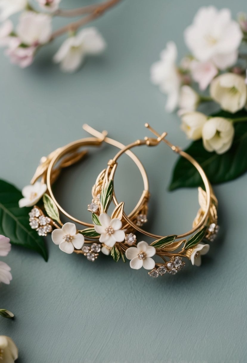 A pair of vintage floral hoop earrings with delicate flowers and leaves intertwined, evoking a romantic and whimsical wedding atmosphere