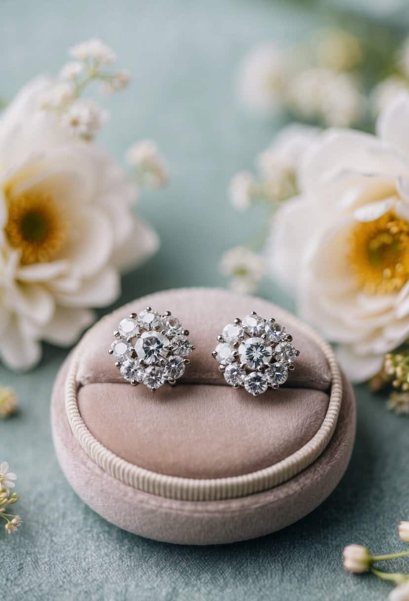 A pair of floral mix-cut diamond earrings displayed on a velvet cushion, surrounded by soft lighting and delicate floral accents