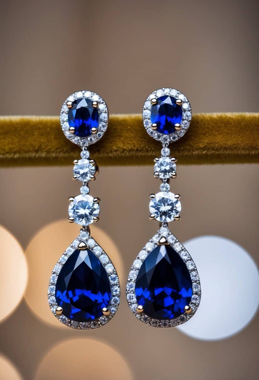 A sparkling pair of sapphire and diamond drop earrings displayed on a velvet cushion under soft lighting