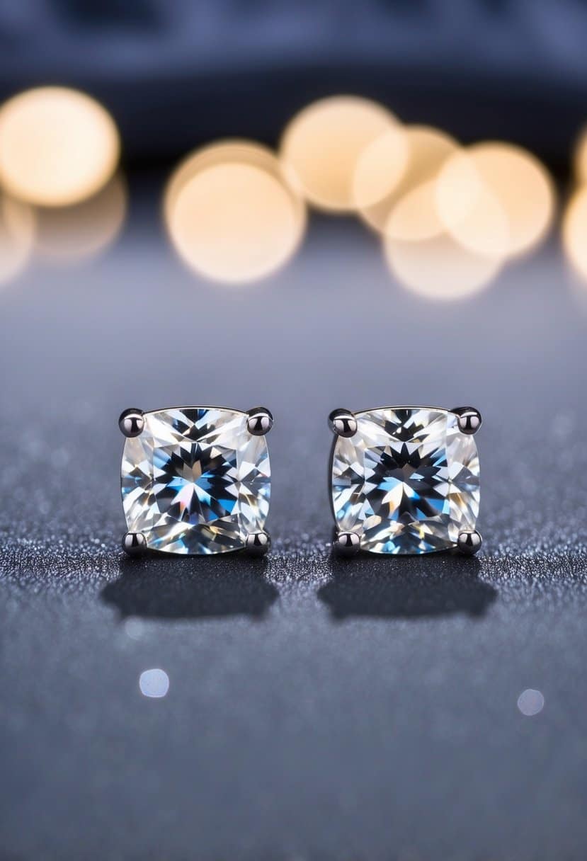 A pair of cushion-cut stud earrings glistening under soft lighting, set against a velvet backdrop