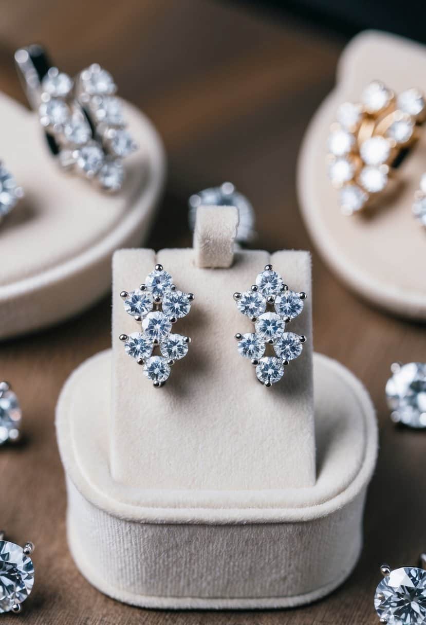 A pair of cluster heart diamond studs displayed on a velvet earring stand, surrounded by other diamond wedding earring ideas