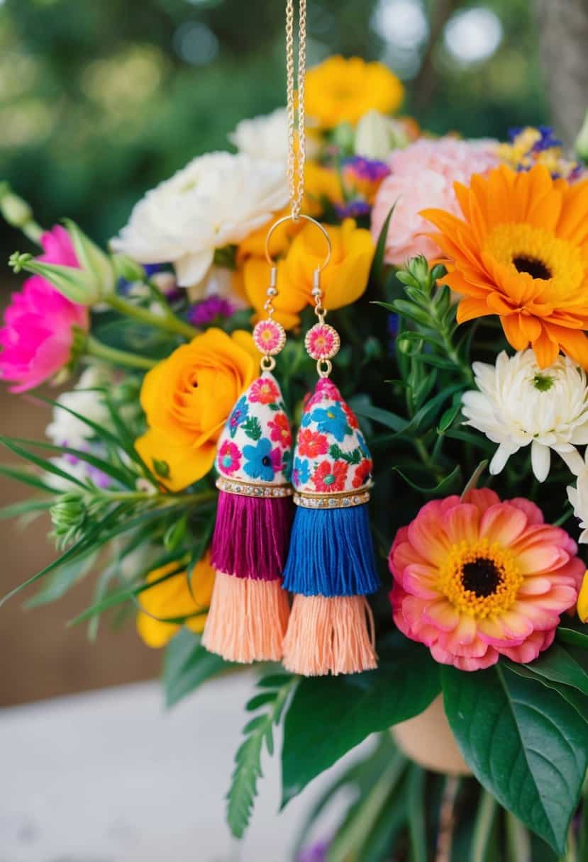 A colorful bohemian floral earring with tassels hanging from a bouquet of flowers