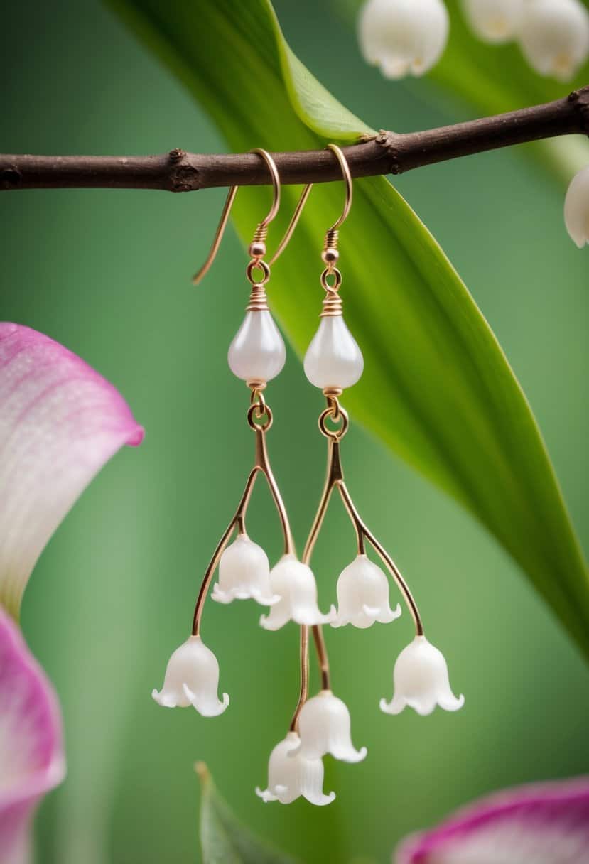 A delicate Lily of the Valley Teardrops earring dangles from a branch, surrounded by soft petals and leaves