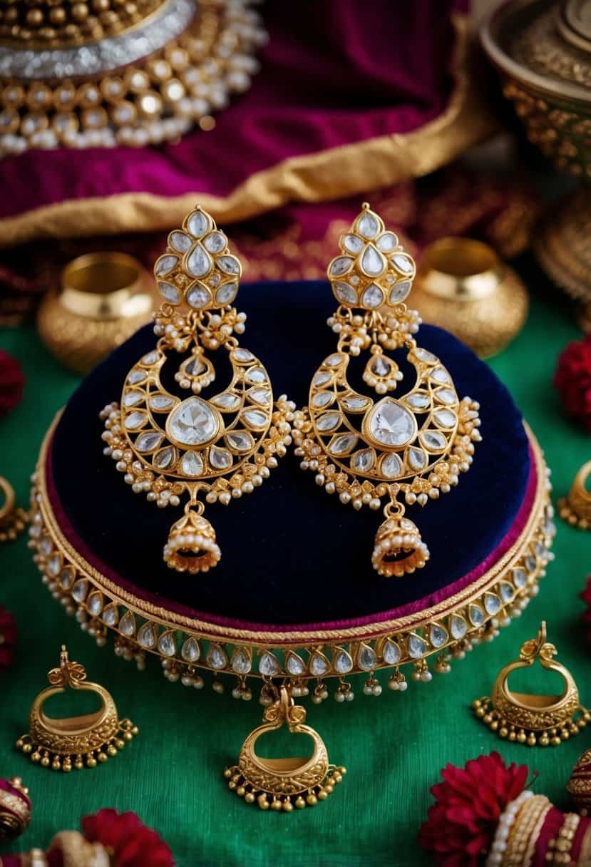 A pair of intricate Kundan Gold Chandbali Earrings displayed on a velvet cushion, surrounded by traditional Indian wedding decor