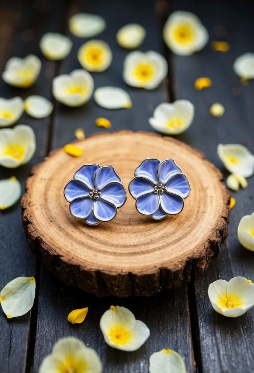 A delicate pair of hydrangea enamel earrings displayed on a rustic wooden table, surrounded by scattered flower petals