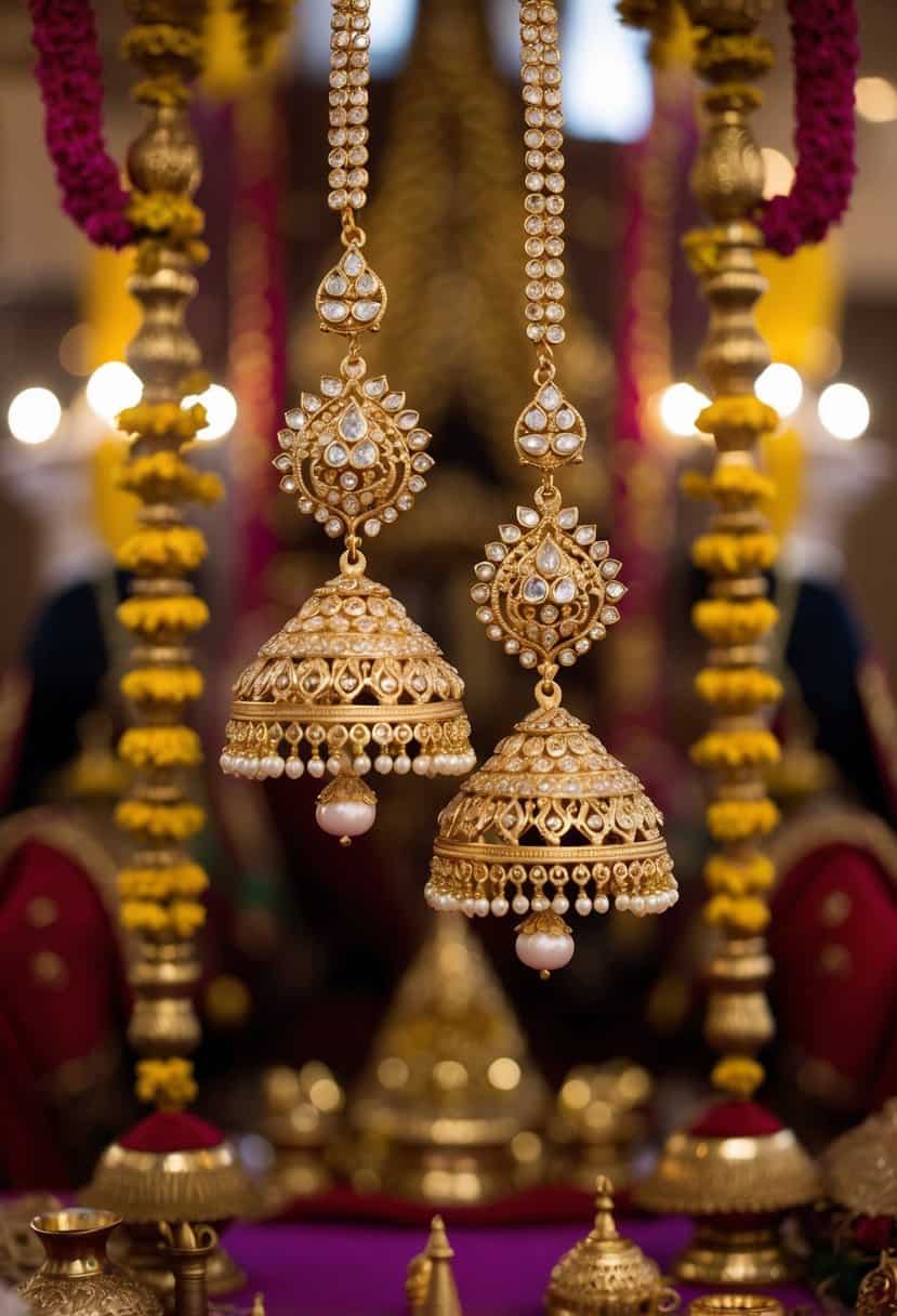 A pair of intricate gold jhumkas dangle from a richly adorned temple, surrounded by traditional Indian wedding elements