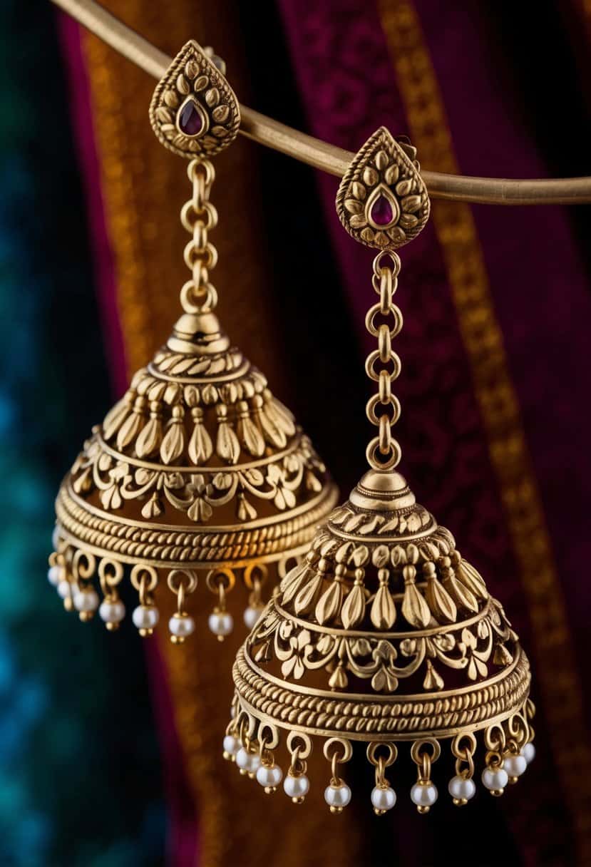 A pair of ornate antique gold drop earrings, featuring intricate Indian wedding designs, suspended against a richly colored fabric backdrop